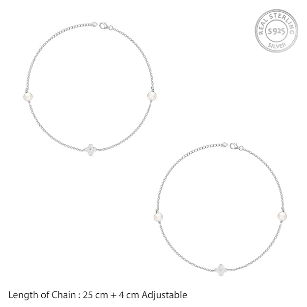925 Silver Pearls & Flower Anklet,Single| Gifts for Women and Girls | With Certificate of Authenticity and 925 Stamp