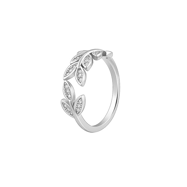 Silver Zircon Leaf Ring, Adjustable | With Certificate of Authenticity and 925 Stamp