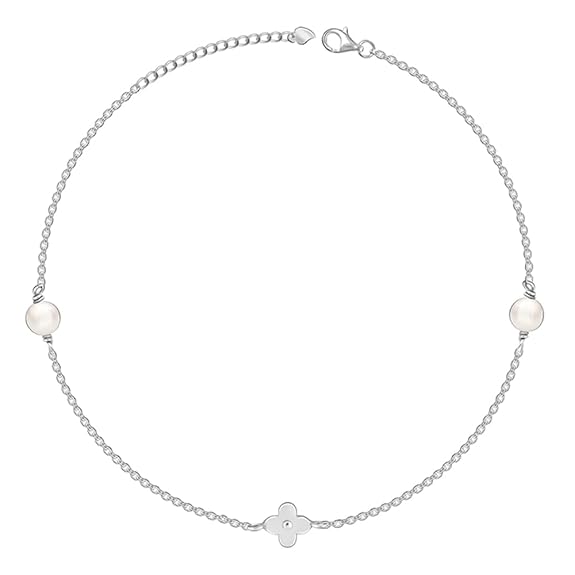 925 Silver Pearls & Flower Anklet,Single| Gifts for Women and Girls | With Certificate of Authenticity and 925 Stamp