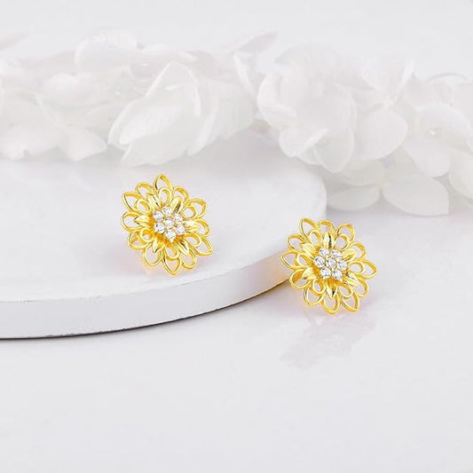 925 Silver Gold plated Blooming Flower Stud Earrings | Gifts for Girlfriend, Gifts for Women and Girls