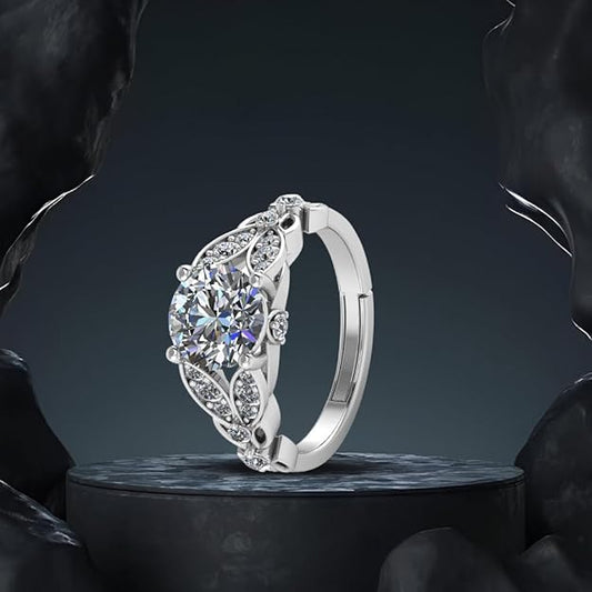 925 Sterling Silver Adjustable Engagement Ring for Women | Round-Cut Cubic Zirconia | Leaf Design with Blue & White CZ Accents | Wedding, Gift & Party