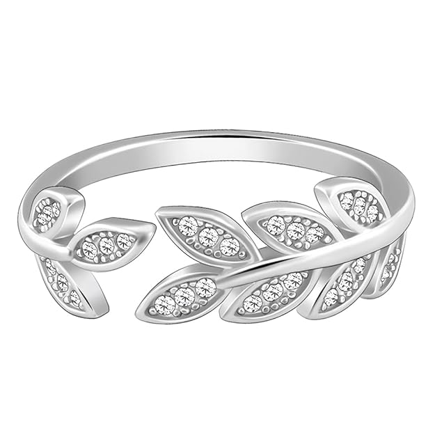 Silver Zircon Leaf Ring, Adjustable | With Certificate of Authenticity and 925 Stamp