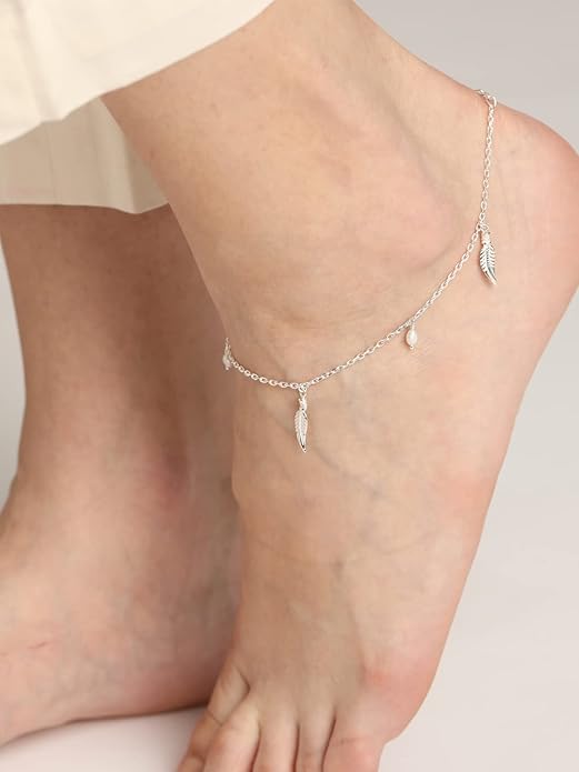 Sterling Silver Leaf & Pearl Charm Anklet | 925 Sterling Silver Anklet Payal (Single) | Adjustable Chain | Gift for Women and Girls