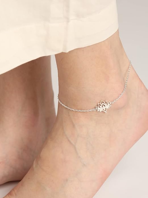 Sterling Silver Lotus Charm Anklet | 925 Sterling Silver Anklet Payal (Single) | Adjustable Chain | Gift for Women and Girls