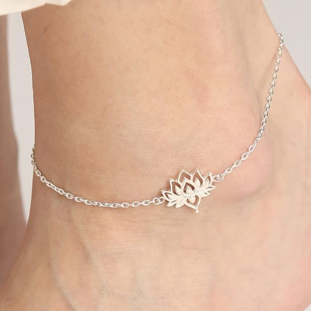 Sterling Silver Lotus Charm Anklet | 925 Sterling Silver Anklet Payal (Single) | Adjustable Chain | Gift for Women and Girls