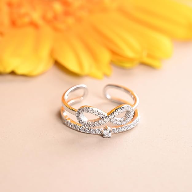 925 Sterling Silver Talia Double Banded studded Infinity Finger Ring | Size Adjustable