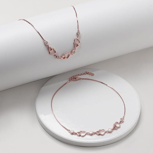 925 Silver 18k Gold Plated Rose Gold Zircon Studded Black Bead Anklet (Single) | Gifts for Women & Girls