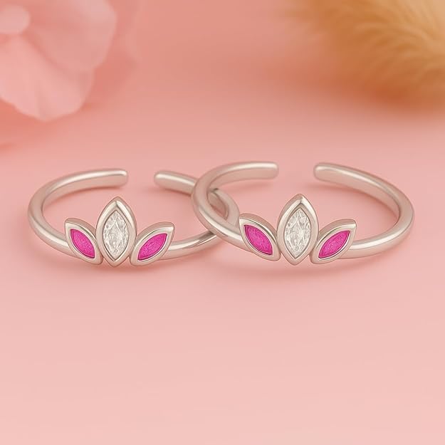 925 Sterling Silver Toe-ring |Gift for Women and Girls | 925 Sterling Silver Pink & White Leaf Motif Toe Rings