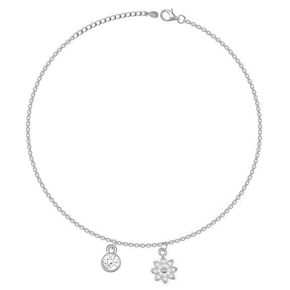 925 Silver Floral Charm Anklet, (Single) Gifts for Girlfriend, Gifts for Women & Girls| With Certificate of Authenticity and 925 Stamp