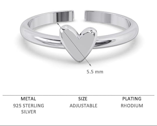 925 Sterling Silver Minimal Heart Finger Ring | Size Adjustable