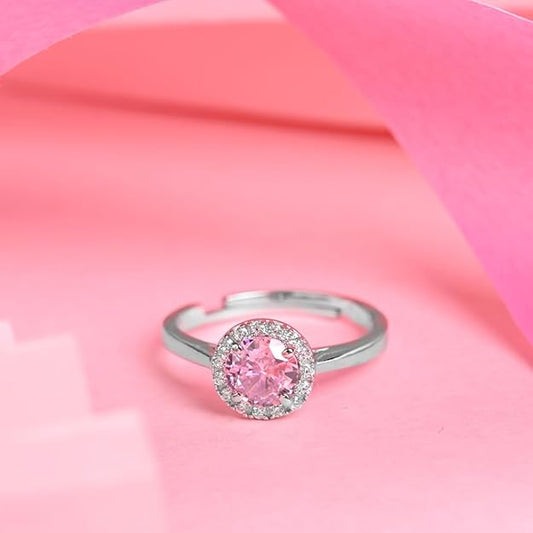925 Sterling Silver Vega Pink Solitaire Halo Finger Ring