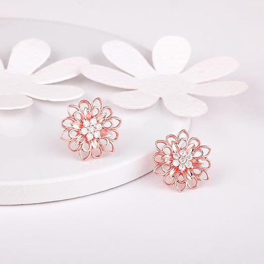 925 Silver Rose Gold Blooming Flower Stud Earrings| Drops to Gift Women & Girls