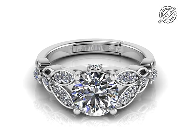 925 Sterling Silver Adjustable Engagement Ring for Women | Round-Cut Cubic Zirconia | Leaf Design with Blue & White CZ Accents | Wedding, Gift & Party