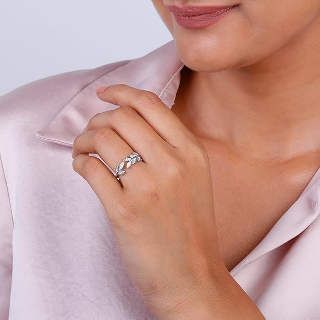Silver Zircon Leaf Ring, Adjustable | With Certificate of Authenticity and 925 Stamp