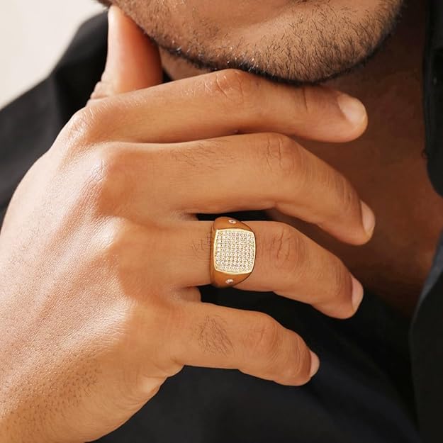 925 Sterling Silver Contemporary Ring | Gold Plated Shimmering Cubic Zirconia 's Gift Ideas-Men Ring