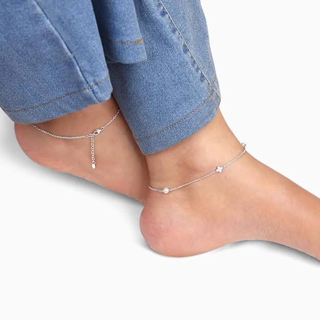 925 Silver Pearls & Flower Anklet,Single| Gifts for Women and Girls | With Certificate of Authenticity and 925 Stamp