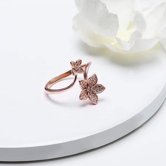 925 Silver Rose Gold Blooming Flower Ring, Adjustable