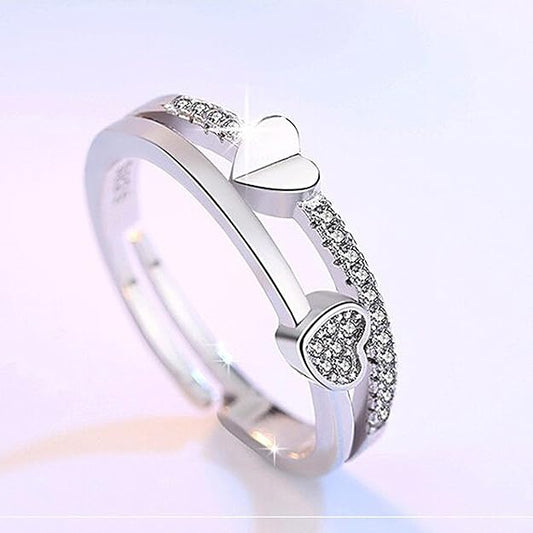 925 Sterling Silver Women's Ring | Double Heart Adjustable Ring