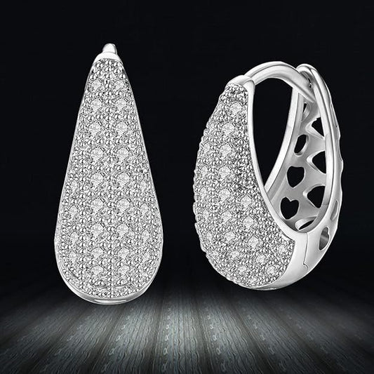925 Sterling Silver Pave Teardrop Hoop Earrings