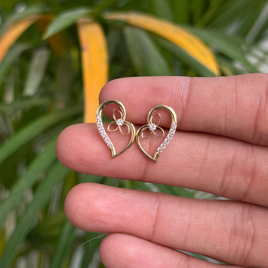 Gold Heart Stud Earrings with Floral Center and Diamond Accents | Gifts for Girlfriend, Gifts for Women and Girls