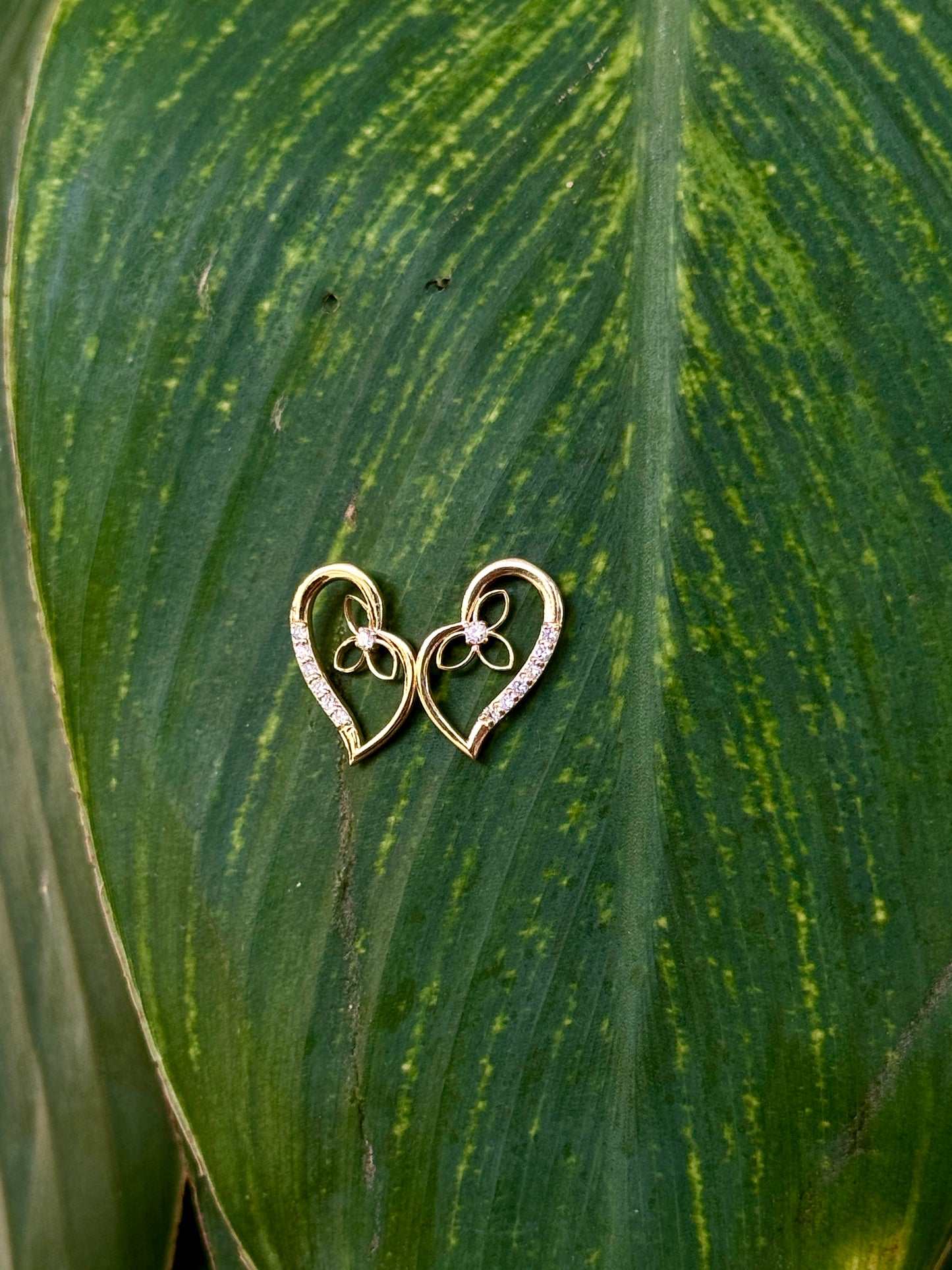 Gold Heart Stud Earrings with Floral Center and Diamond Accents | Gifts for Girlfriend, Gifts for Women and Girls
