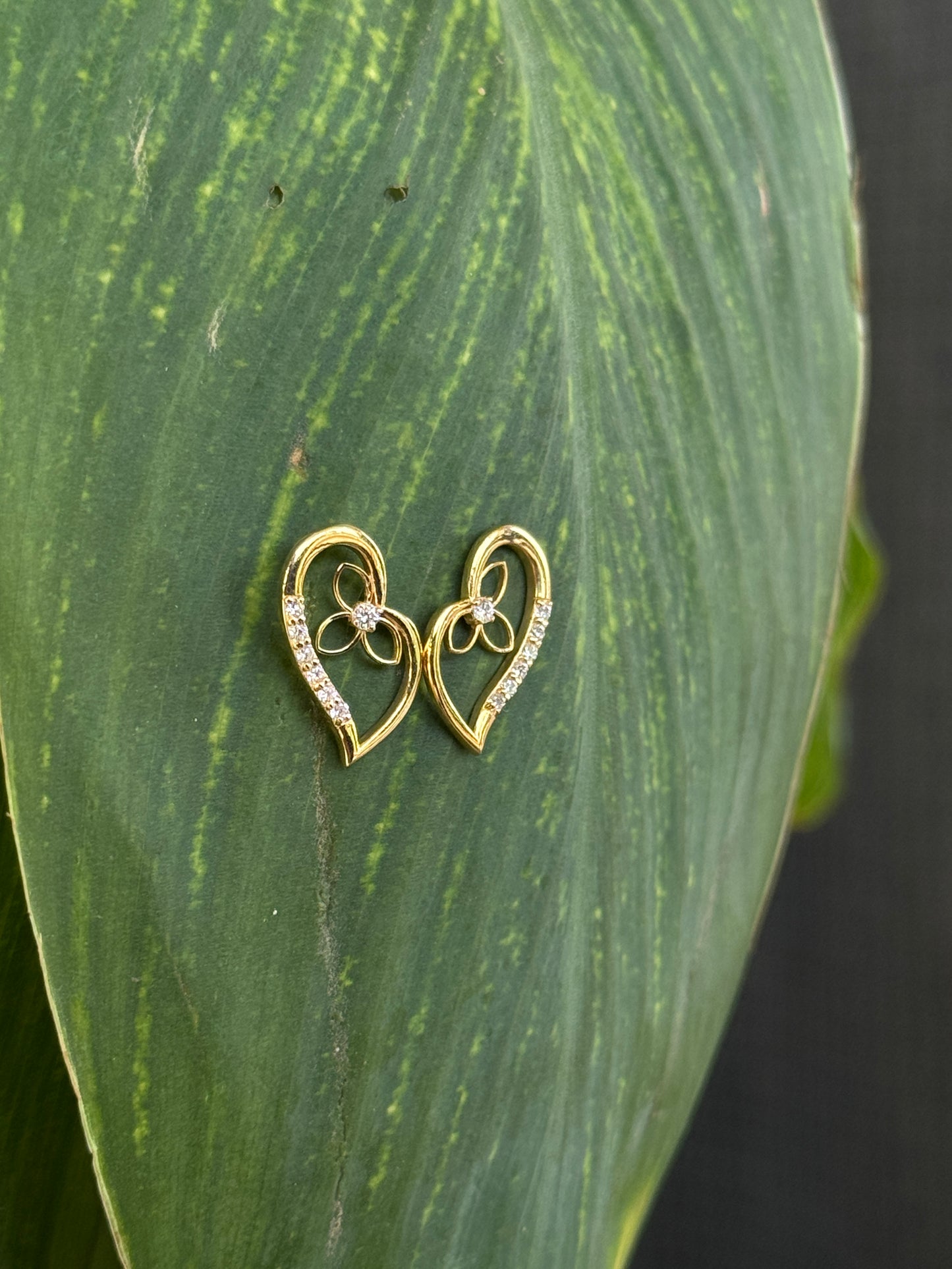 Gold Heart Stud Earrings with Floral Center and Diamond Accents | Gifts for Girlfriend, Gifts for Women and Girls