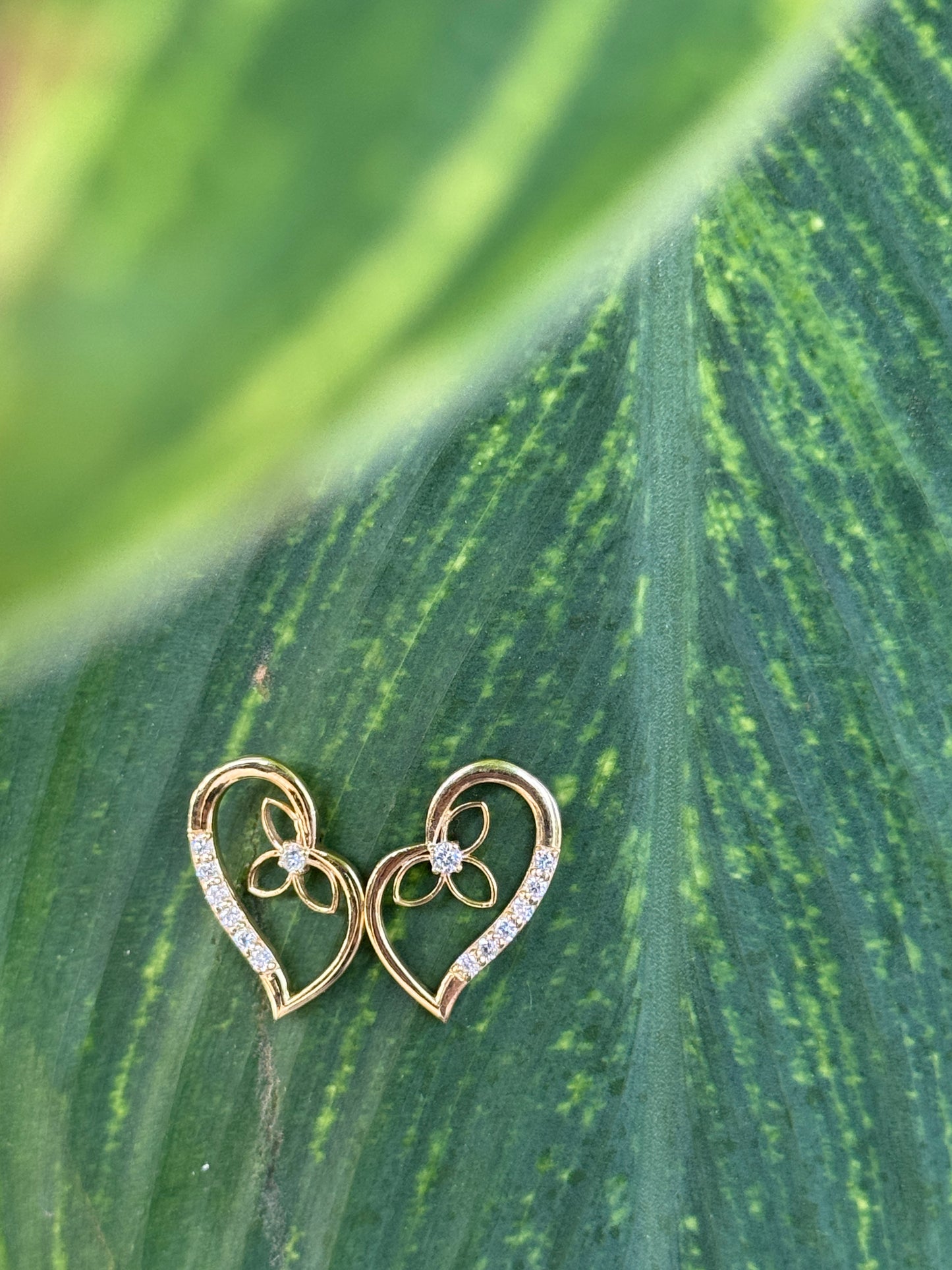 Gold Heart Stud Earrings with Floral Center and Diamond Accents | Gifts for Girlfriend, Gifts for Women and Girls