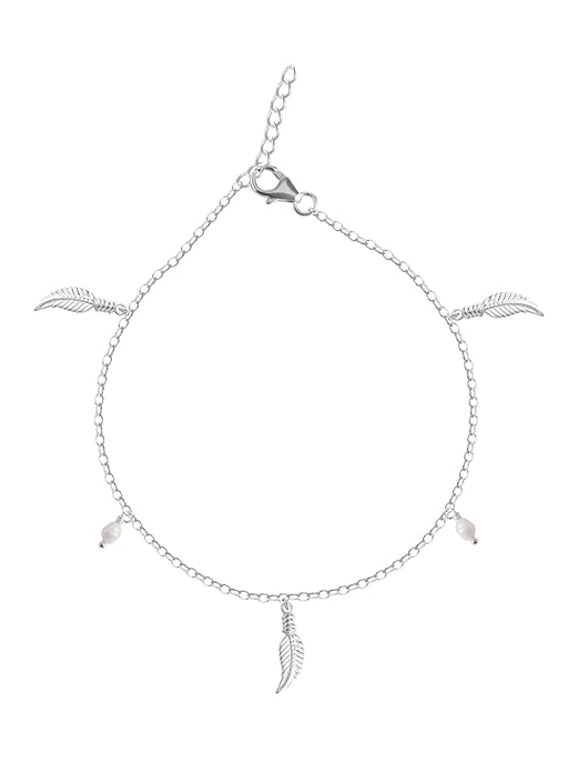 Sterling Silver Leaf &amp; Pearl Charm Anklet | 925 Sterling Silver Anklet Payal (Single) | Adjustable Chain | Gift for Women and Girls