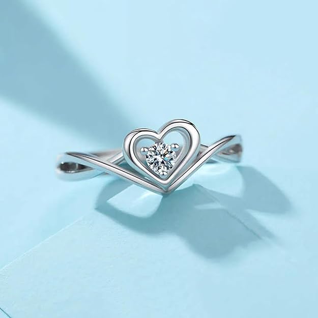 Women Fashion Jewellery 925 Sterling Silver Solitaire Style Adjustable Heart Finger Ring with Cz Stone For Girls and Women