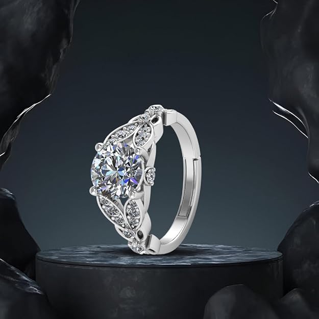 925 Sterling Silver Adjustable Engagement Ring for Women | Round-Cut Cubic Zirconia | Leaf Design with Blue & White CZ Accents | Wedding, Gift & Party