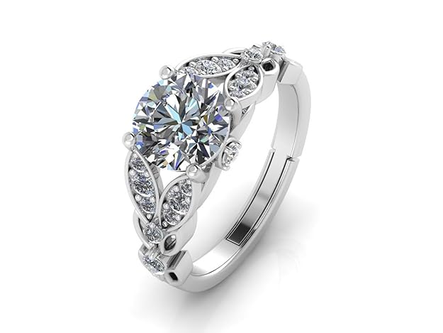 925 Sterling Silver Adjustable Engagement Ring for Women | Round-Cut Cubic Zirconia | Leaf Design with Blue & White CZ Accents | Wedding, Gift & Party