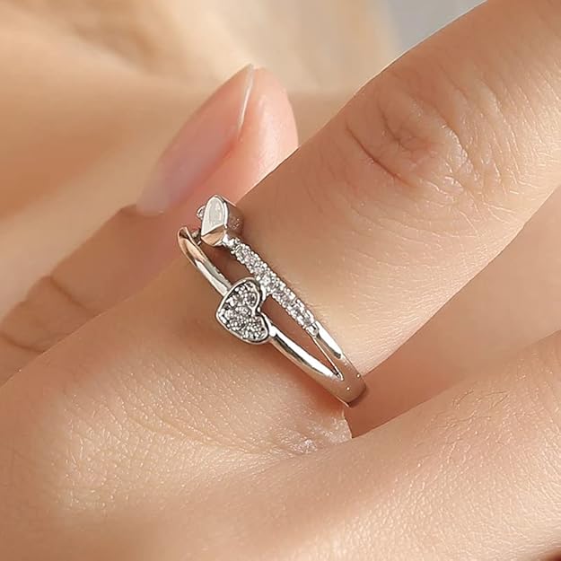 925 Sterling Silver Women's Ring | Double Heart Adjustable Ring