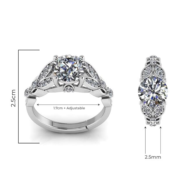 925 Sterling Silver Adjustable Engagement Ring for Women | Round-Cut Cubic Zirconia | Leaf Design with Blue & White CZ Accents | Wedding, Gift & Party