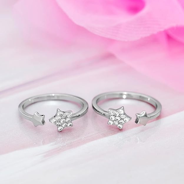 925 Pure Silver Cubic Zirconia CZ Star Design Toe Rings for Women | Stylish Silver Jewellery | Gift for Women & Girls