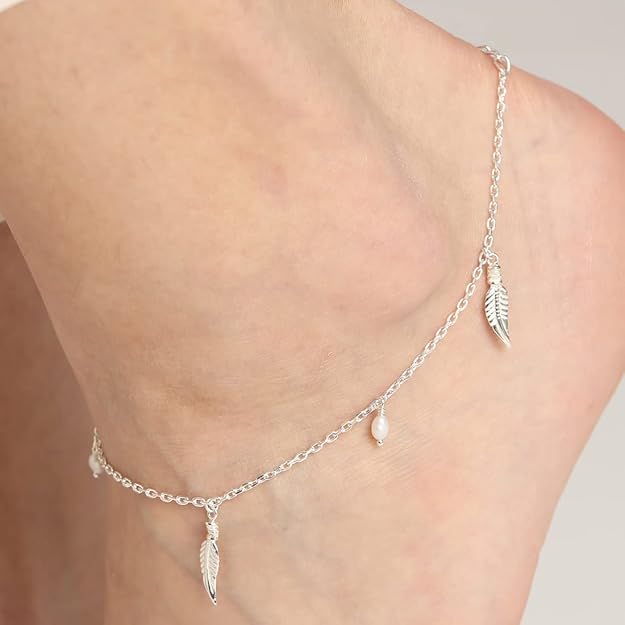 Sterling Silver Leaf &amp; Pearl Charm Anklet | 925 Sterling Silver Anklet Payal (Single) | Adjustable Chain | Gift for Women and Girls