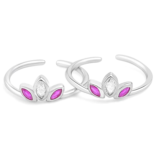 925 Sterling Silver Toe-ring |Gift for Women and Girls | 925 Sterling Silver Pink &amp; White Leaf Motif Toe Rings