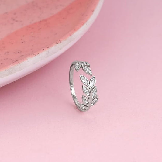Silver Zircon Leaf Ring, Adjustable | With Certificate of Authenticity and 925 Stamp