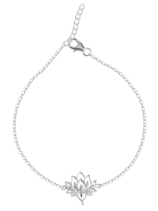 Sterling Silver Lotus Charm Anklet | 925 Sterling Silver Anklet Payal (Single) | Adjustable Chain | Gift for Women and Girls