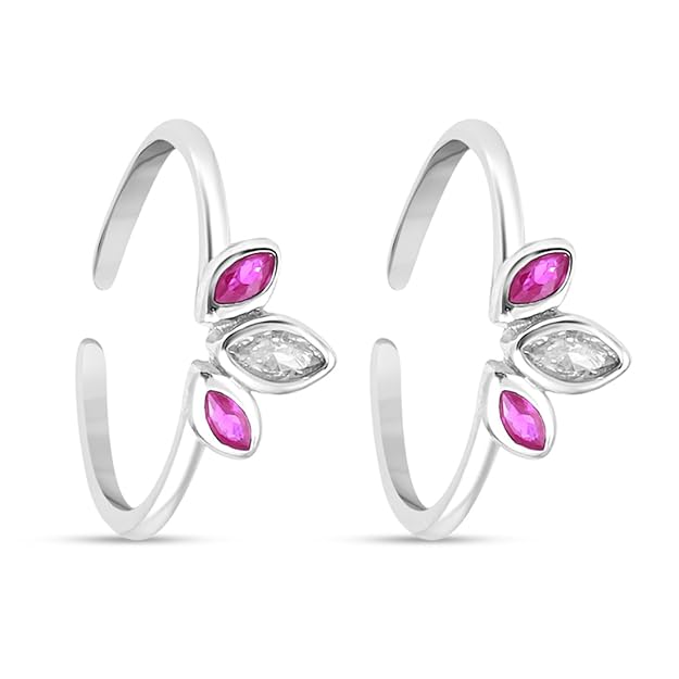 925 Sterling Silver Toe-ring |Gift for Women and Girls | 925 Sterling Silver Pink &amp; White Leaf Motif Toe Rings