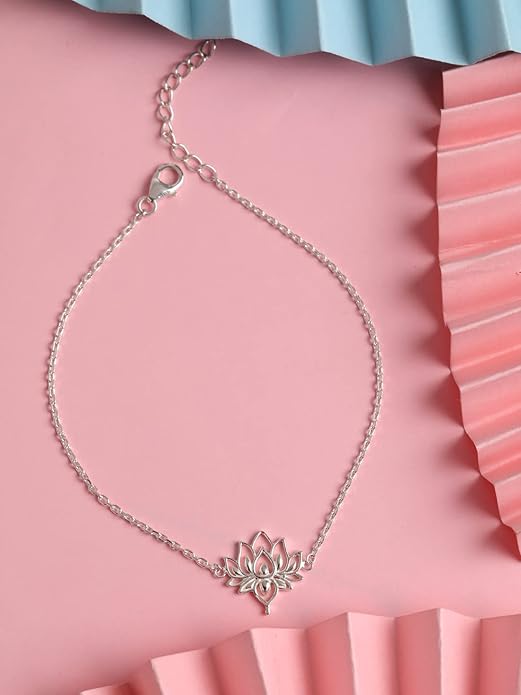 Sterling Silver Lotus Charm Anklet | 925 Sterling Silver Anklet Payal (Single) | Adjustable Chain | Gift for Women and Girls