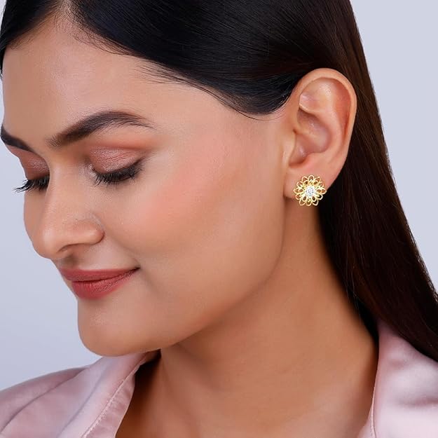 925 Silver Gold plated Blooming Flower Stud Earrings | Gifts for Girlfriend, Gifts for Women and Girls
