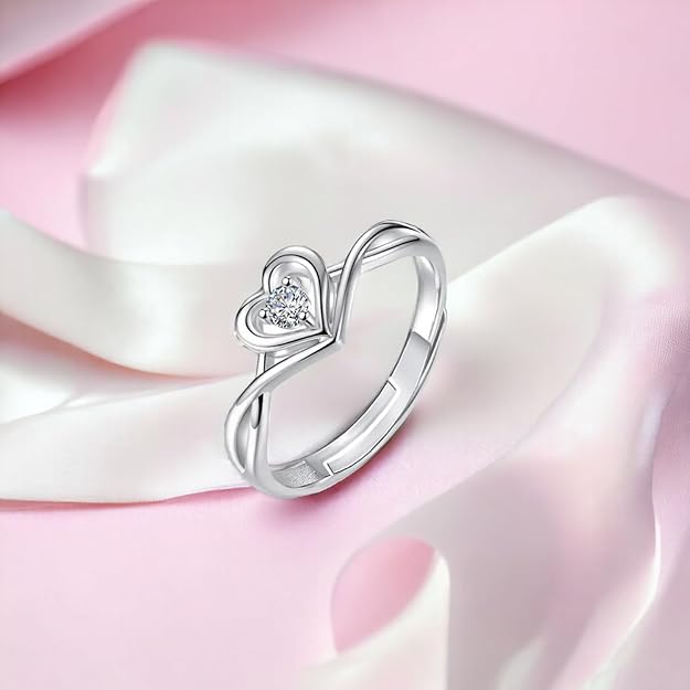 Women Fashion Jewellery 925 Sterling Silver Solitaire Style Adjustable Heart Finger Ring with Cz Stone For Girls and Women