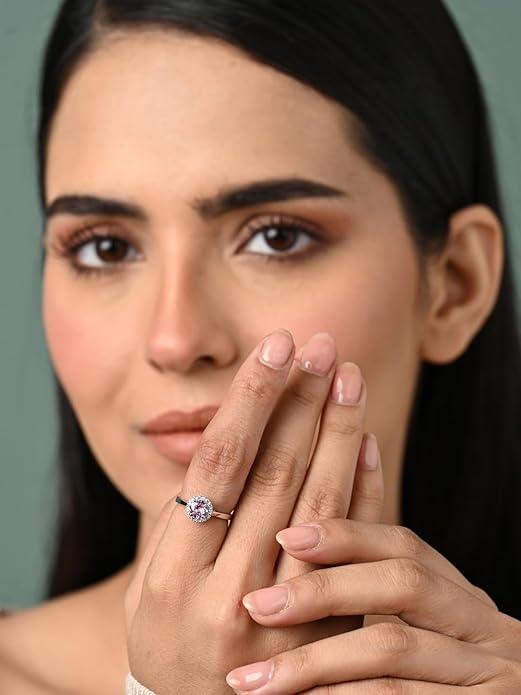 925 Sterling Silver Vega Pink Solitaire Halo Finger Ring