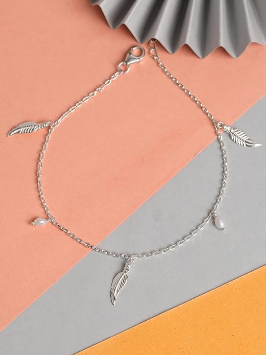 Sterling Silver Leaf &amp; Pearl Charm Anklet | 925 Sterling Silver Anklet Payal (Single) | Adjustable Chain | Gift for Women and Girls