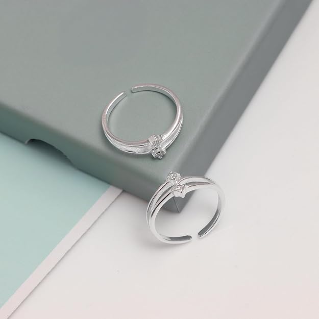 925 Sterling Silver Double Band CZ Toe Rings – Adjustable (Set of 2)