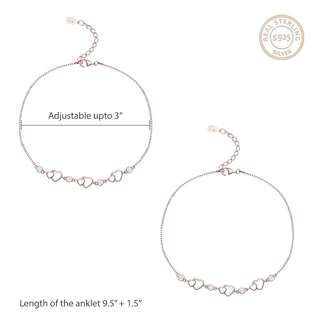 925 Silver 18k Gold Plated Rose Gold Zircon Studded Black Bead Anklet (Single) | Gifts for Women & Girls