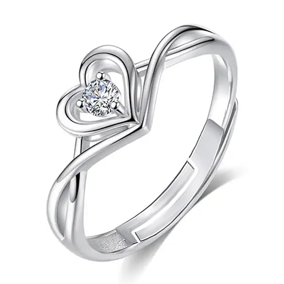 Women Fashion Jewellery 925 Sterling Silver Solitaire Style Adjustable Heart Finger Ring with Cz Stone For Girls and Women