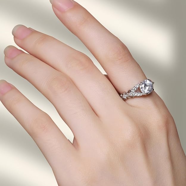 925 Sterling Silver Adjustable Engagement Ring for Women | Round-Cut Cubic Zirconia | Leaf Design with Blue & White CZ Accents | Wedding, Gift & Party