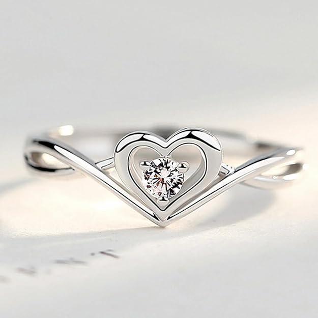 Women Fashion Jewellery 925 Sterling Silver Solitaire Style Adjustable Heart Finger Ring with Cz Stone For Girls and Women