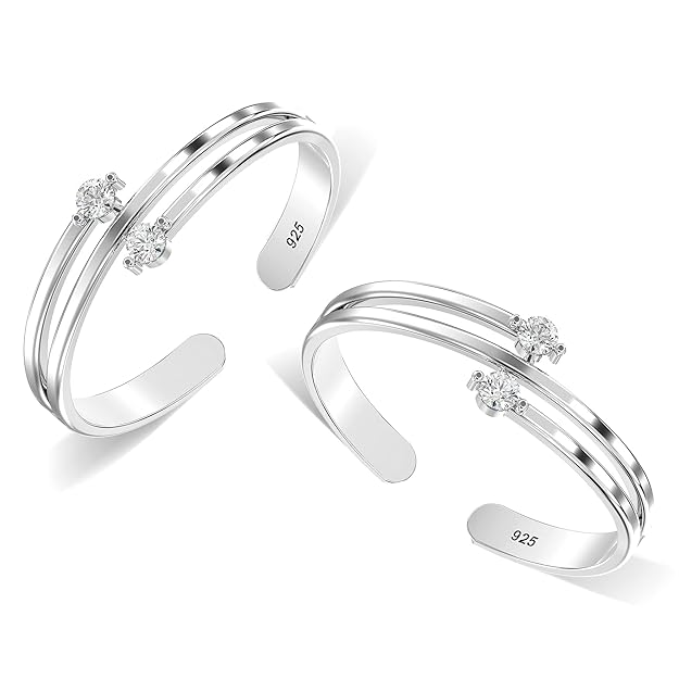 925 Sterling Silver Double Band CZ Toe Rings – Adjustable (Set of 2)